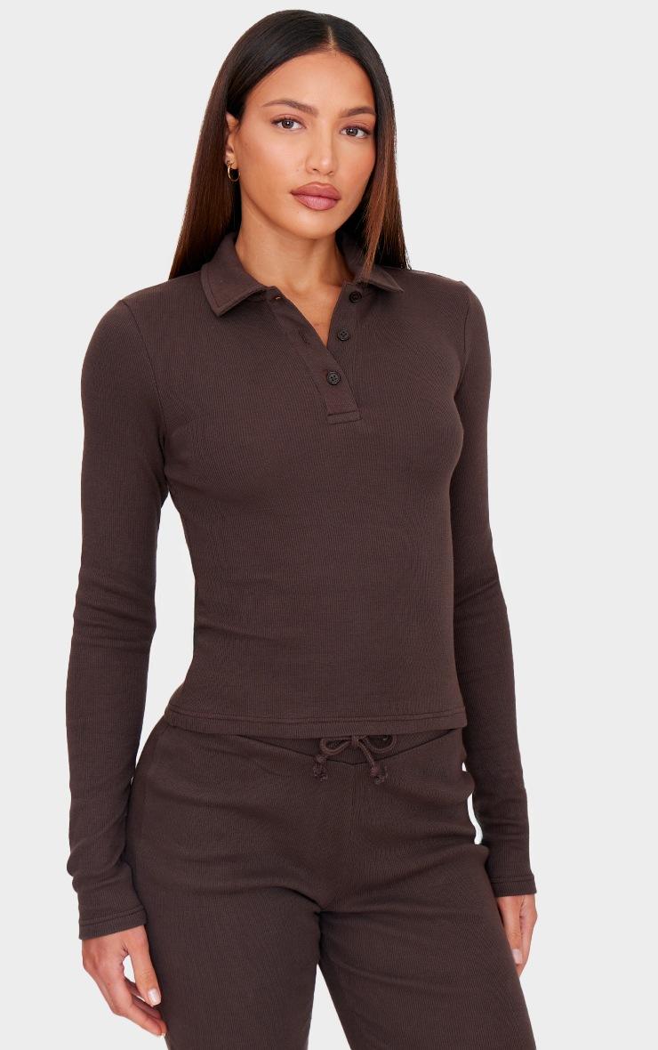 Pretty Little Thing Tall Chocolate Collared Long Sleeve Rib Top