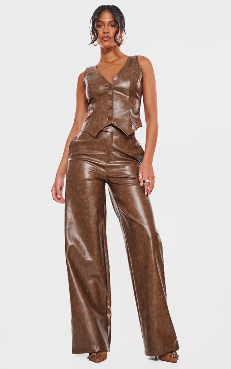 Pretty Little Thing Tall Chocolate Faux Leather Wide Leg Pants