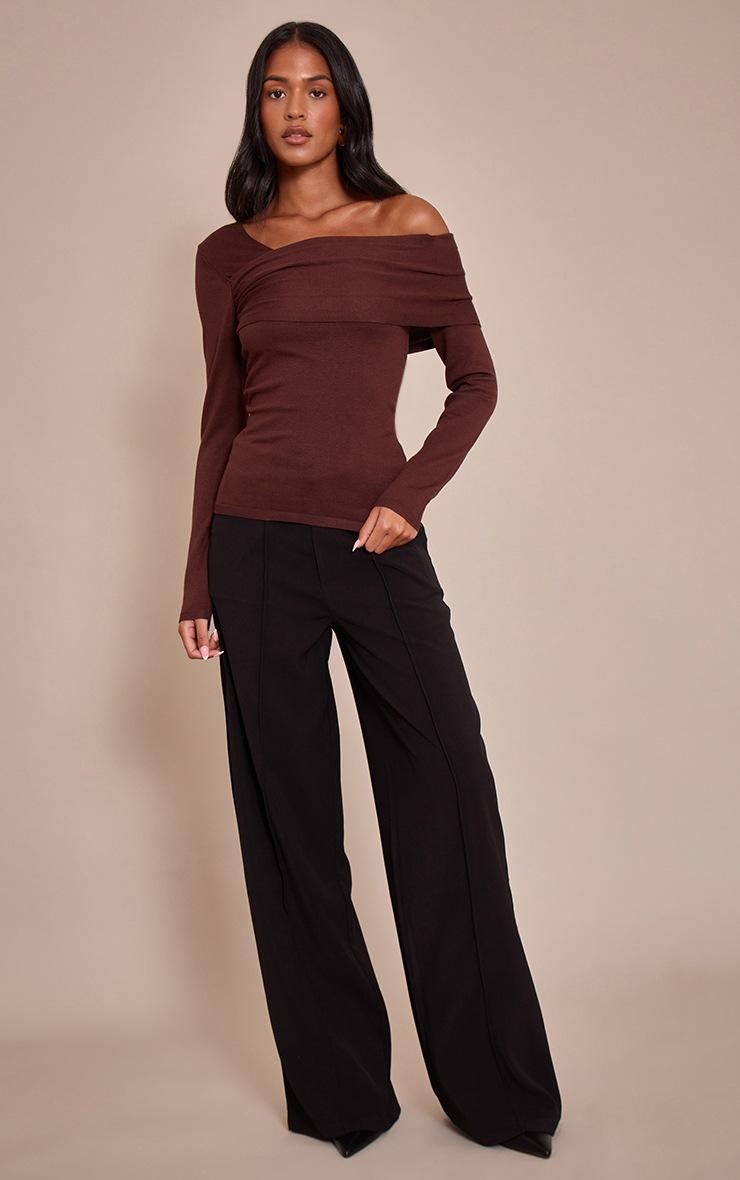 Pretty Little Thing Tall Chocolate Long Sleeve Asymmetric Shoulder Knitted Top