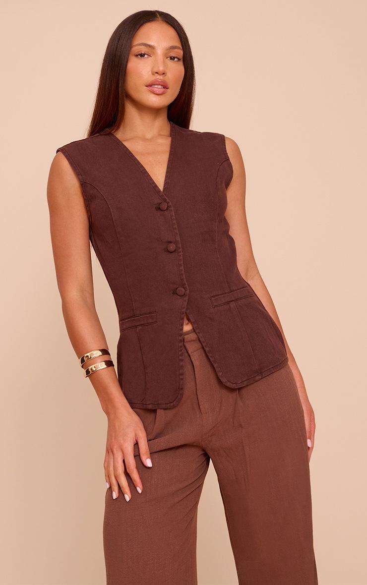 Pretty Little Thing Tall Chocolate Tailored Style Longline Denim Vest