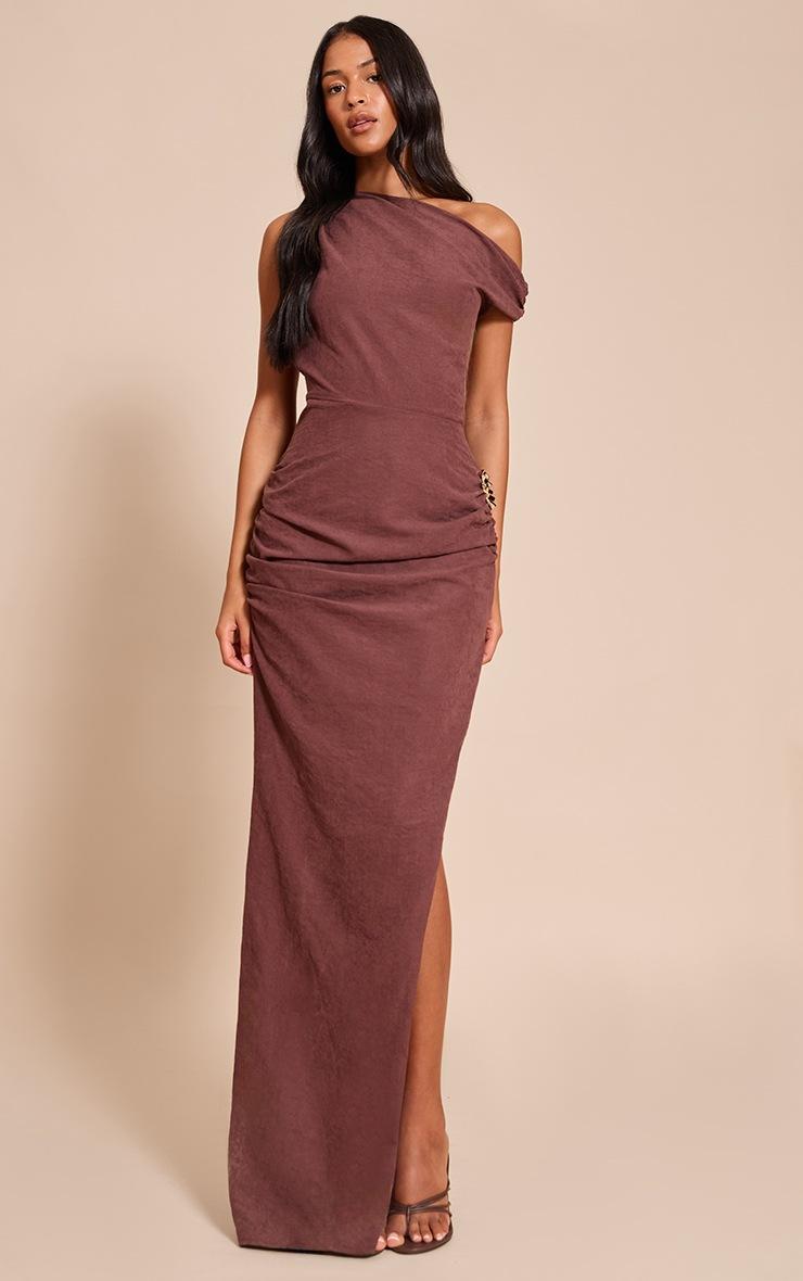 Pretty Little Thing Tall Chocolate Textured Asymmetric Bodycon Maxi Dress