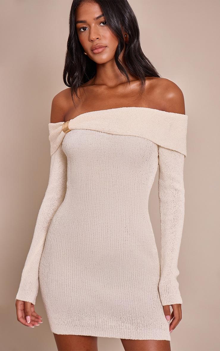 Pretty Little Thing Tall Cream Bardot Trim Detail Knitted Dress