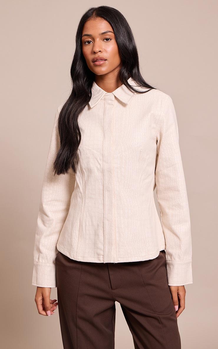 Pretty Little Thing Tall Cream Snake Print Coated Cinched Denim Shirt