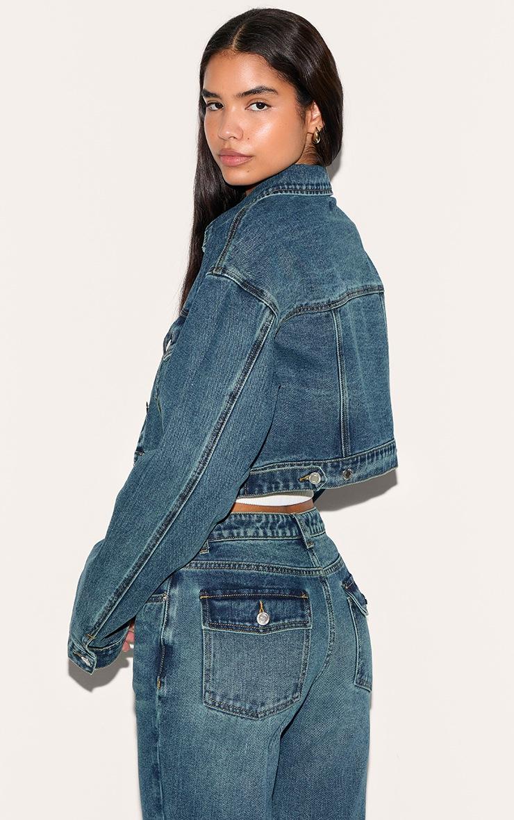Pretty Little Thing Tall Dark Blue Wash Pocket Detail Cropped Denim Jacket