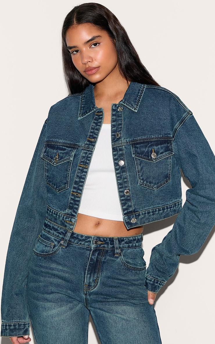 Pretty Little Thing Tall Dark Blue Wash Pocket Detail Cropped Denim Jacket