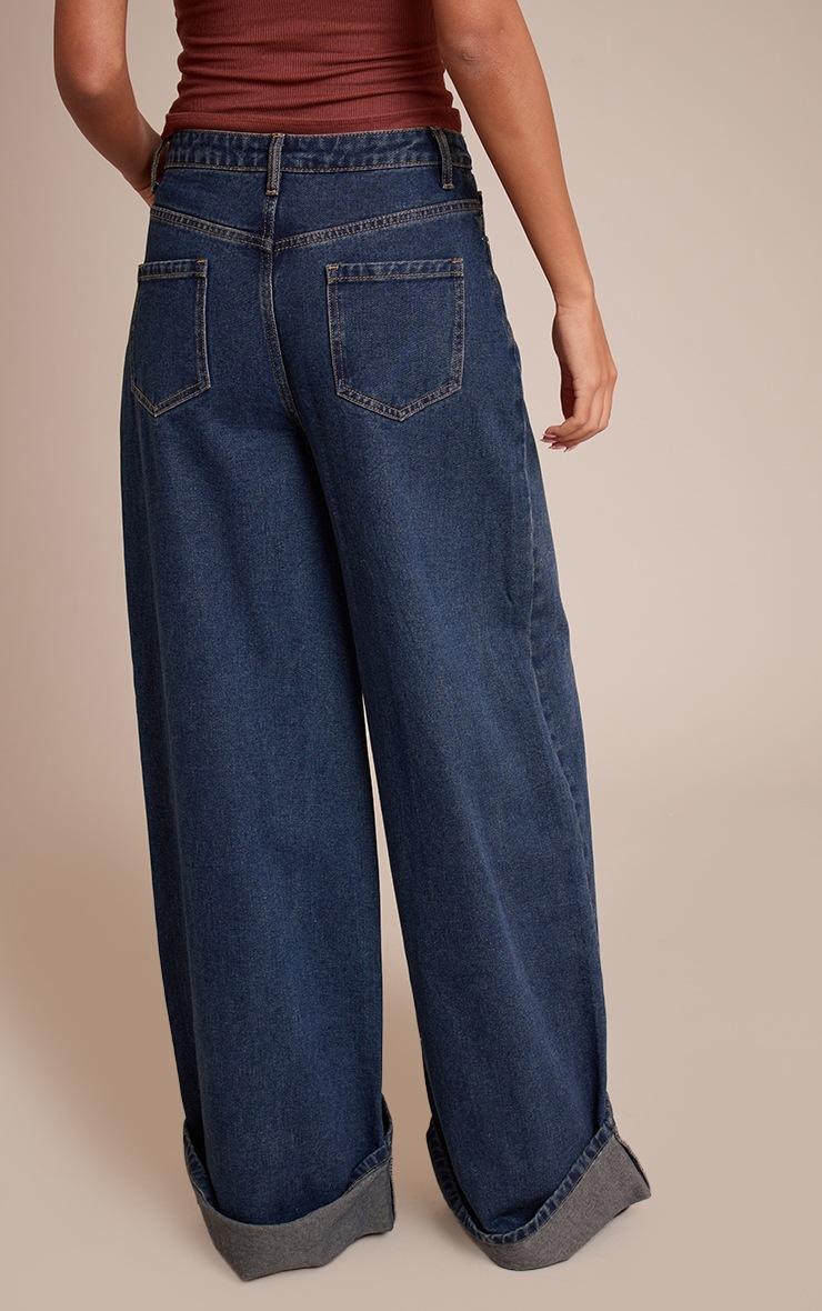 Pretty Little Thing Tall Dark Indigo Mid Rise Turn Up Wide Leg Jeans