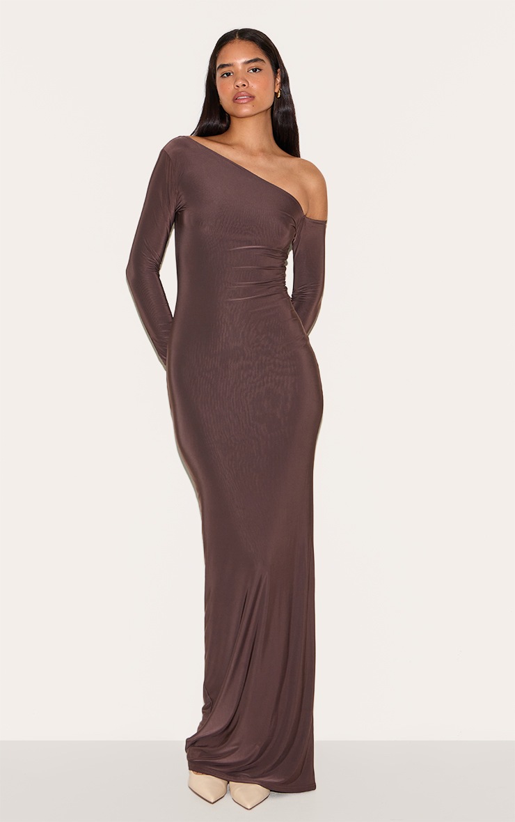 Pretty Little Thing Tall Deep Chocolate Double Slinky Asymmetric Neckline Maxi Dress