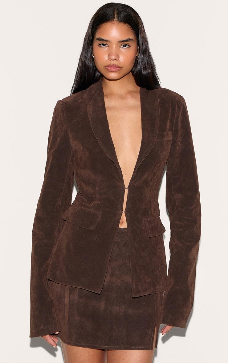 Pretty Little Thing Tall Deep Chocolate Faux Suede Cinched Blazer