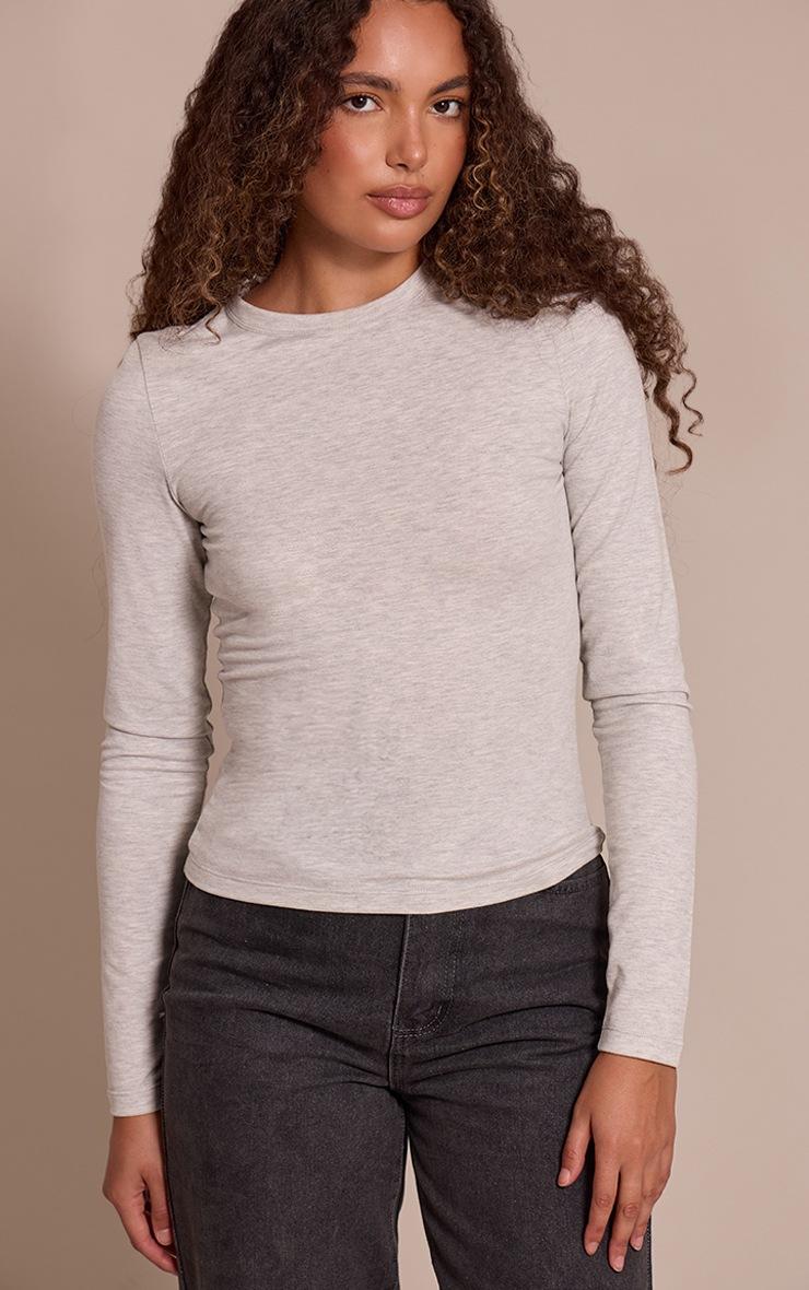 Pretty Little Thing Tall Grey Marl Soft Cotton Crew Neck Longline Long Sleeve Top