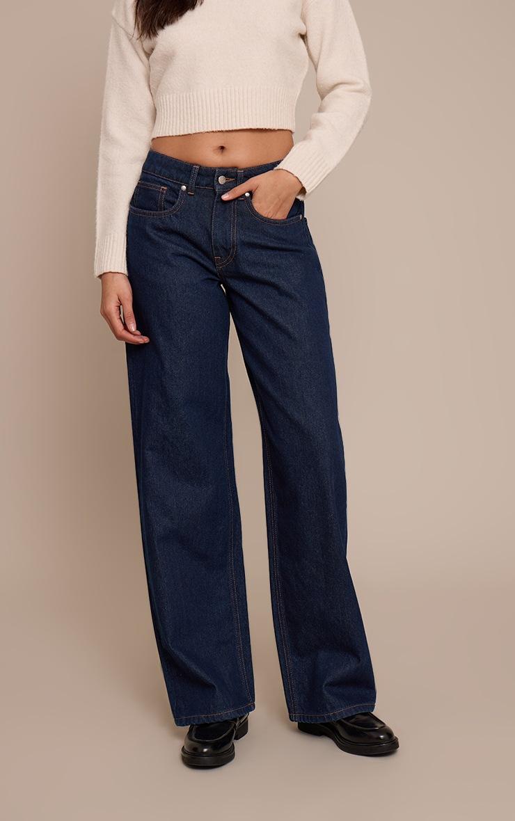 Pretty Little Thing Tall Indigo Mid Rise Wide Leg Jeans