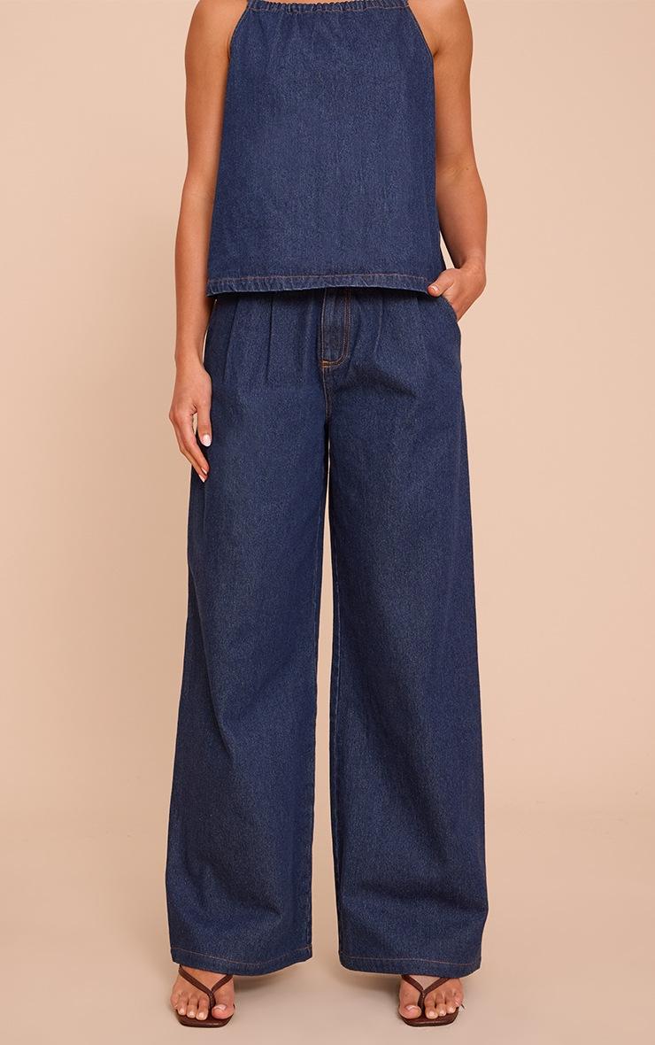 Pretty Little Thing Tall Indigo Pleated Wide Leg Jeans