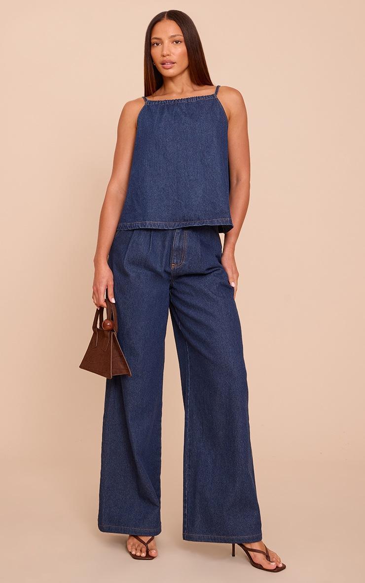 Pretty Little Thing Tall Indigo Pleated Wide Leg Jeans