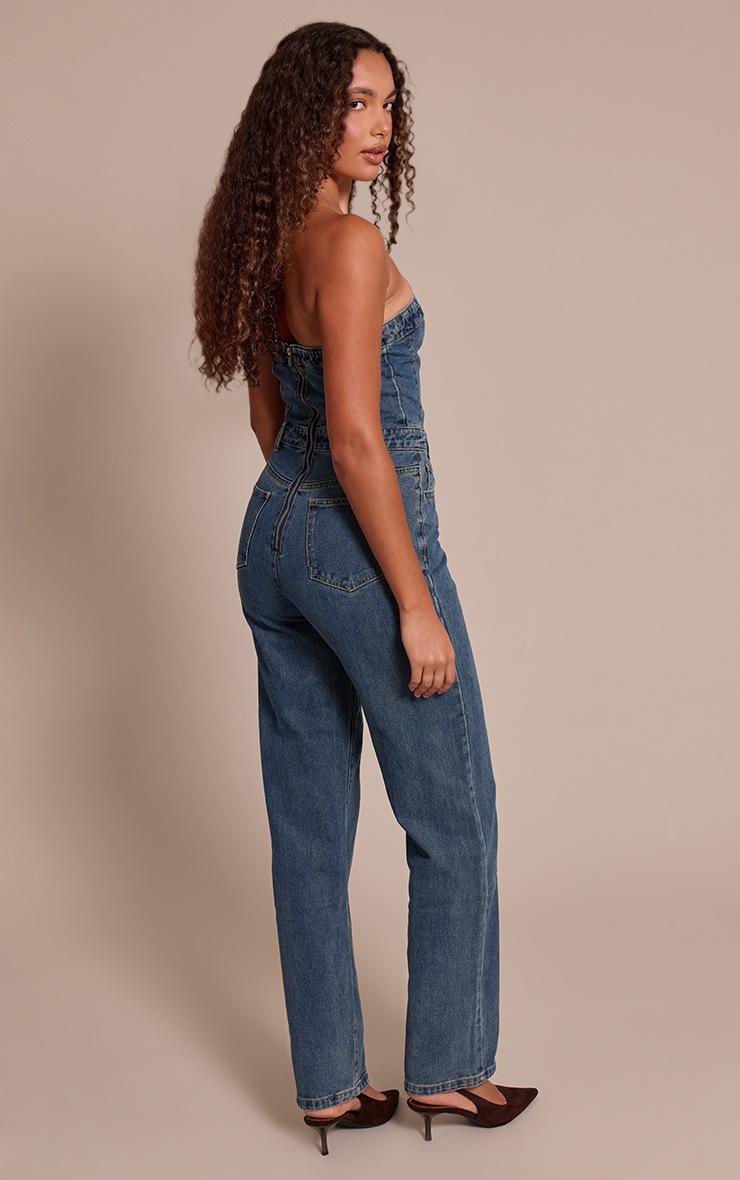 Pretty Little Thing Tall Indigo Vintage Wash Bandeau Style Straight Leg Denim Jumpsuit