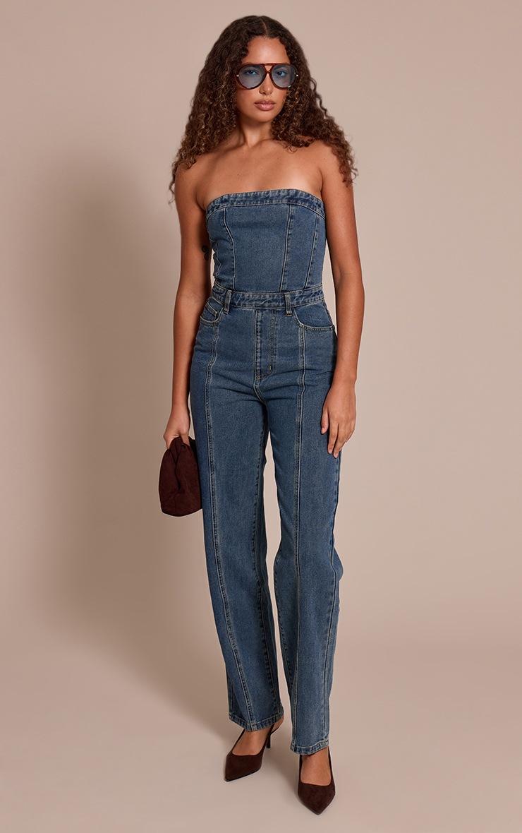 Pretty Little Thing Tall Indigo Vintage Wash Bandeau Style Straight Leg Denim Jumpsuit