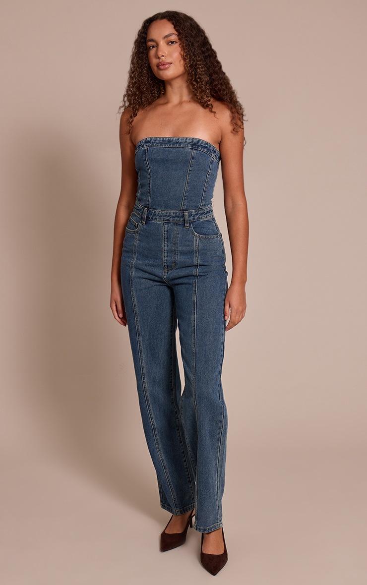 Pretty Little Thing Tall Indigo Vintage Wash Bandeau Style Straight Leg Denim Jumpsuit