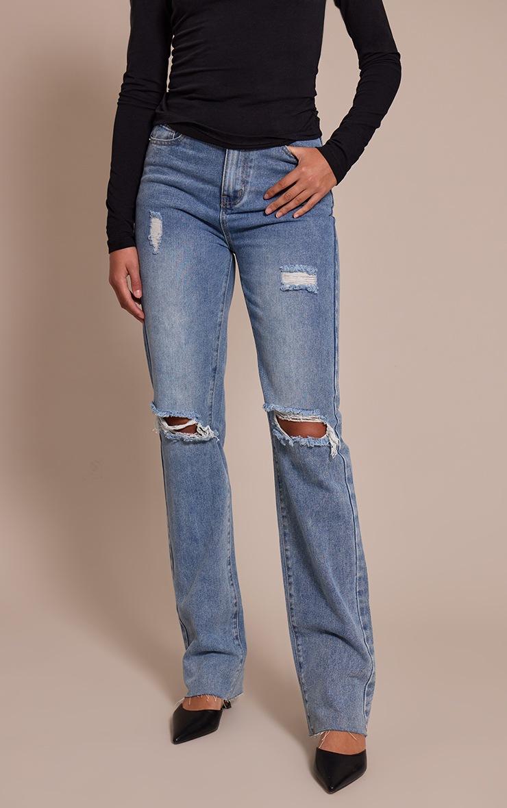 Pretty Little Thing Tall Light Wash Extra Long Ripped High Waist Straight Leg Jeans