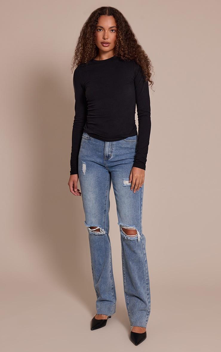 Pretty Little Thing Tall Light Wash Extra Long Ripped High Waist Straight Leg Jeans