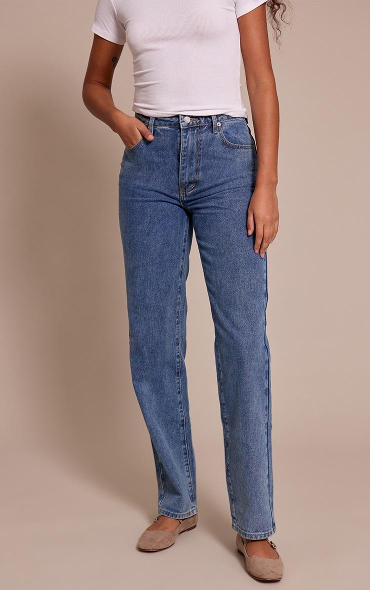 Pretty Little Thing Tall Mid Blue Wash High Waist Straight Leg Jeans