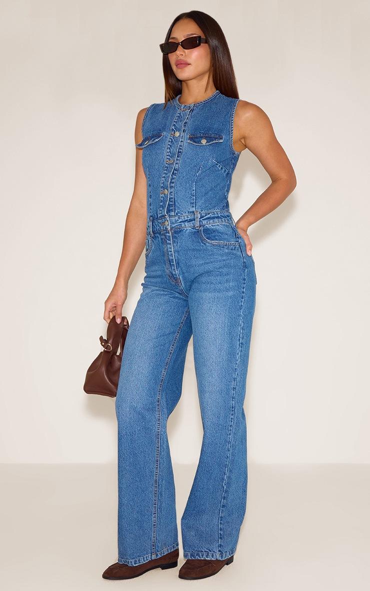 Pretty Little Thing Tall Mid Blue Wash Sleeveless Shirt Style Denim Jumpsuit