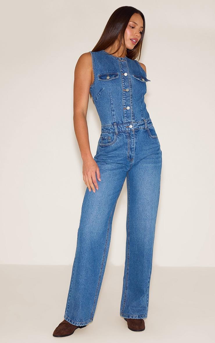 Pretty Little Thing Tall Mid Blue Wash Sleeveless Shirt Style Denim Jumpsuit