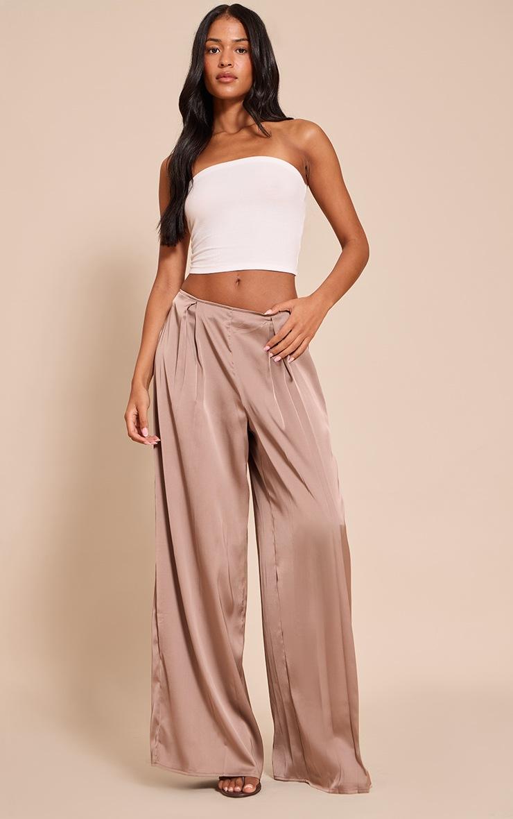 Pretty Little Thing Tall Mocha Pleated Satin Wide Leg Pants