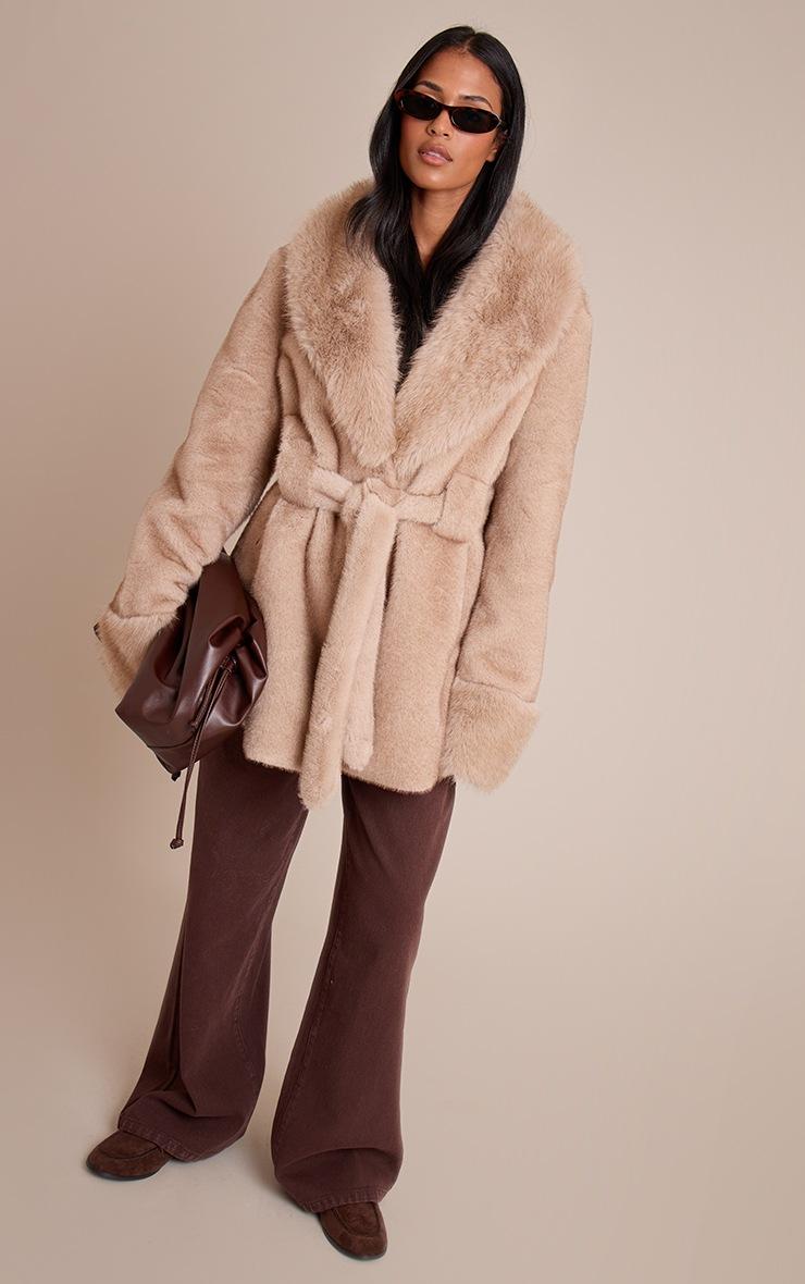 Pretty Little Thing Tall Mushroom Plush Faux Fur Self Tie Coat