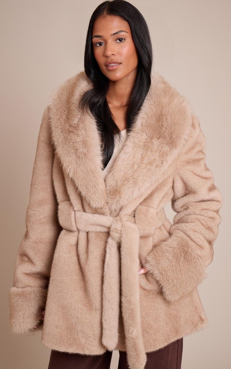 Pretty Little Thing Tall Mushroom Plush Faux Fur Self Tie Coat