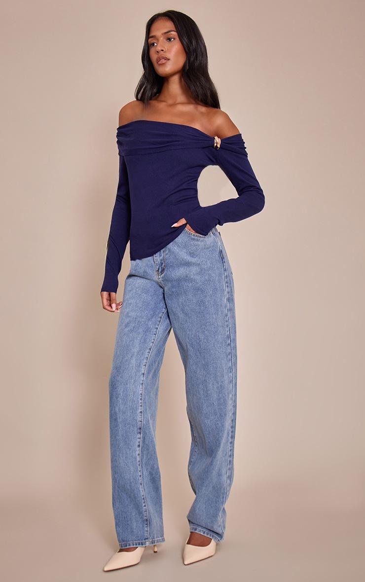 Pretty Little Thing Tall Navy Long Sleeve Twist Shoulder Detail Knitted Top