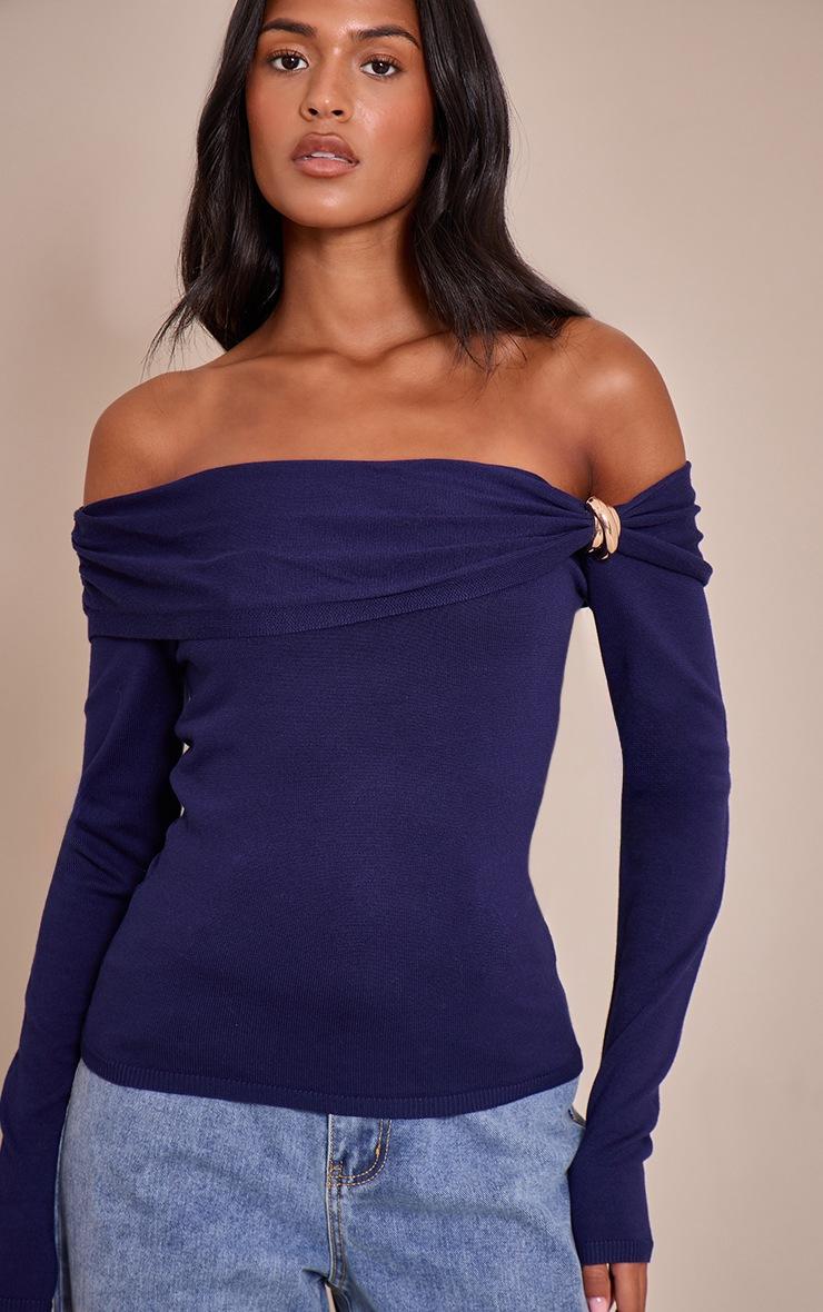 Pretty Little Thing Tall Navy Long Sleeve Twist Shoulder Detail Knitted Top