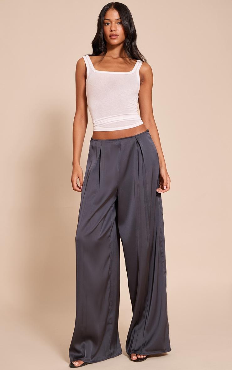 Pretty Little Thing Tall Navy Pleated Satin Wide Leg Pants
