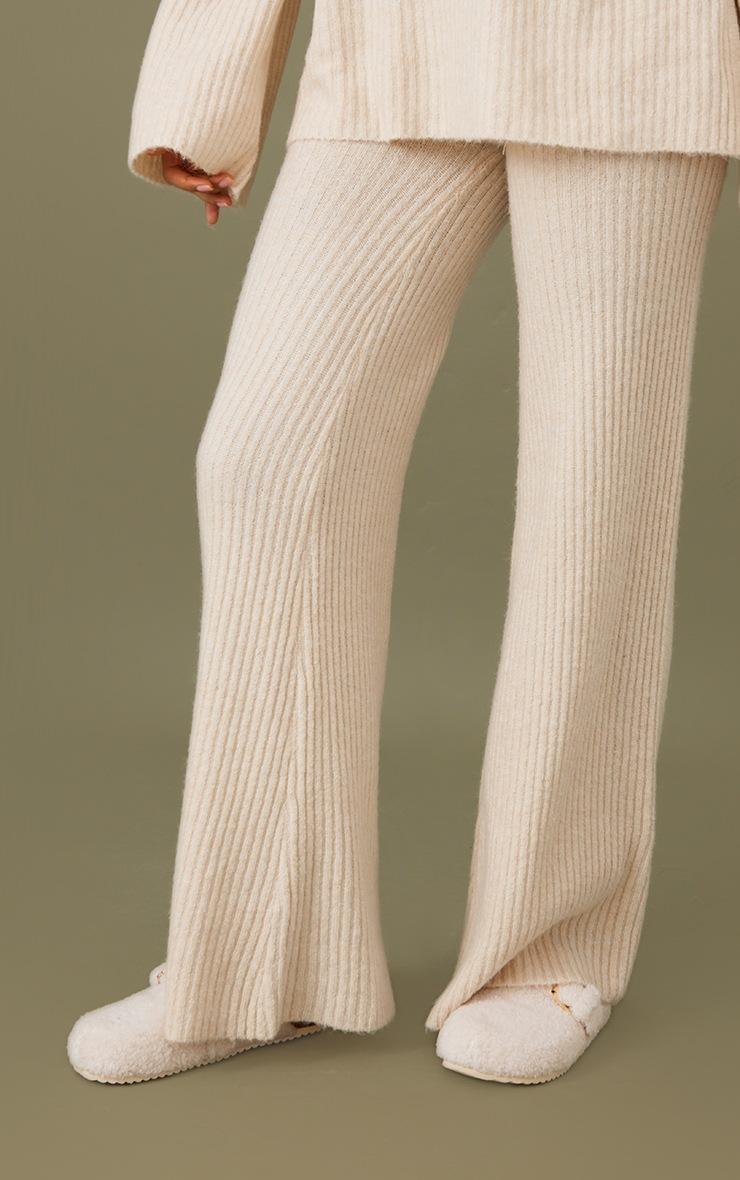 Pretty Little Thing Tall Oatmeal Luxe Rib Knit Wide Leg Pants