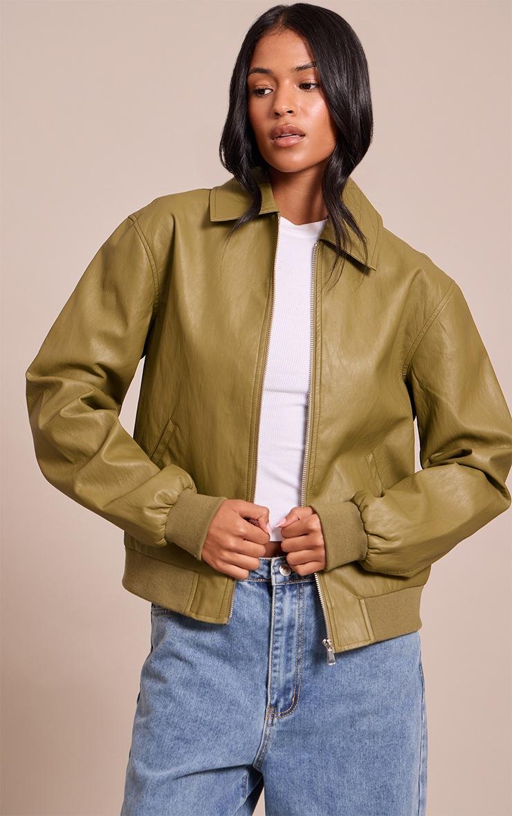 Pretty Little Thing Tall Olive Faux Leather Bomber Jacket