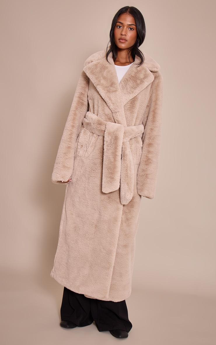 Pretty Little Thing Tall Taupe Faux Fur Tie Waist Maxi Coat