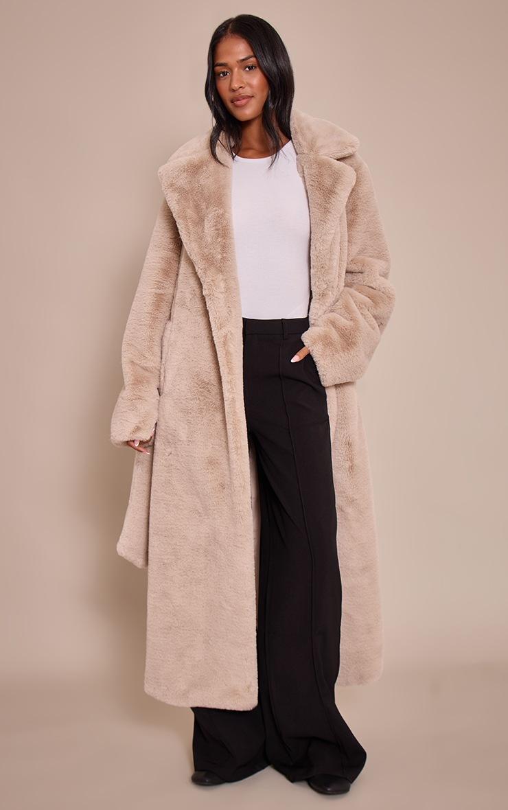 Pretty Little Thing Tall Taupe Faux Fur Tie Waist Maxi Coat
