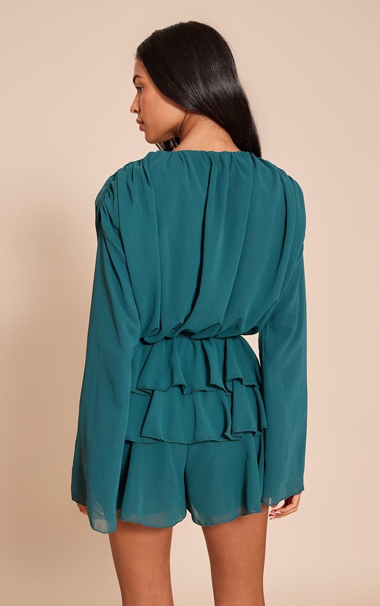 Pretty Little Thing Tall Teal Chiffon V Neck Frill Tiered Romper