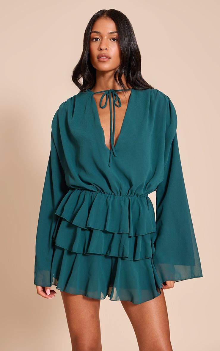 Pretty Little Thing Tall Teal Chiffon V Neck Frill Tiered Romper