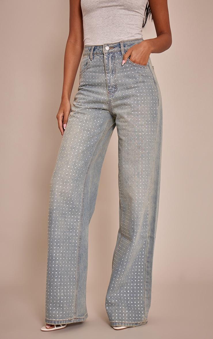 Pretty Little Thing Tall Vintage Light Wash High Waisted Diamante Front Detail Wide Leg Jeans
