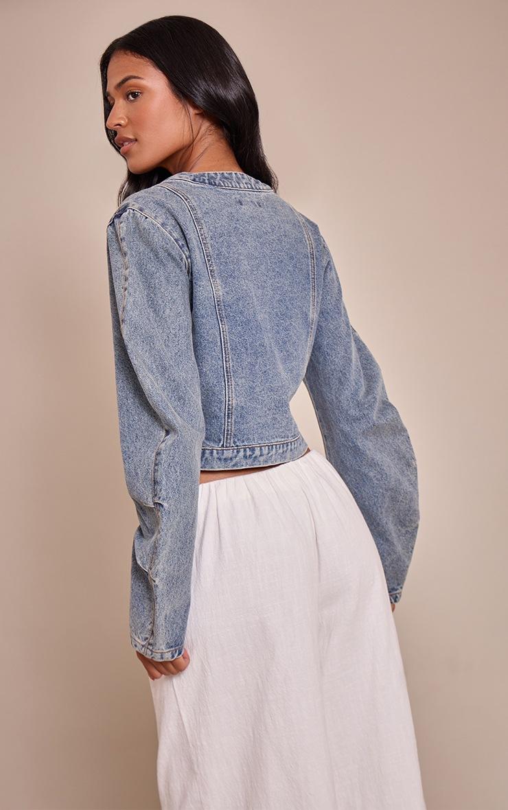 Pretty Little Thing Tall Vintage V Neck Curved Hem Cropped Denim Jacket