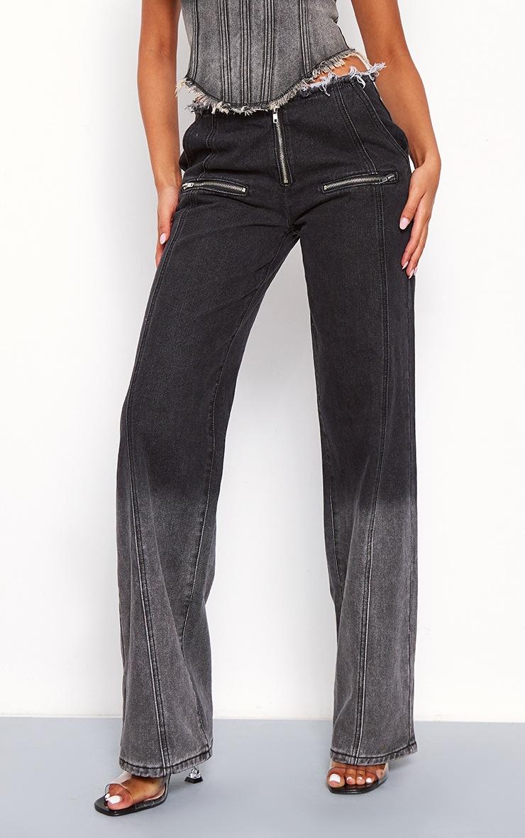 Pretty Little Thing Tall Washed Black Frayed Waist Low Rise Wide Leg Jeans