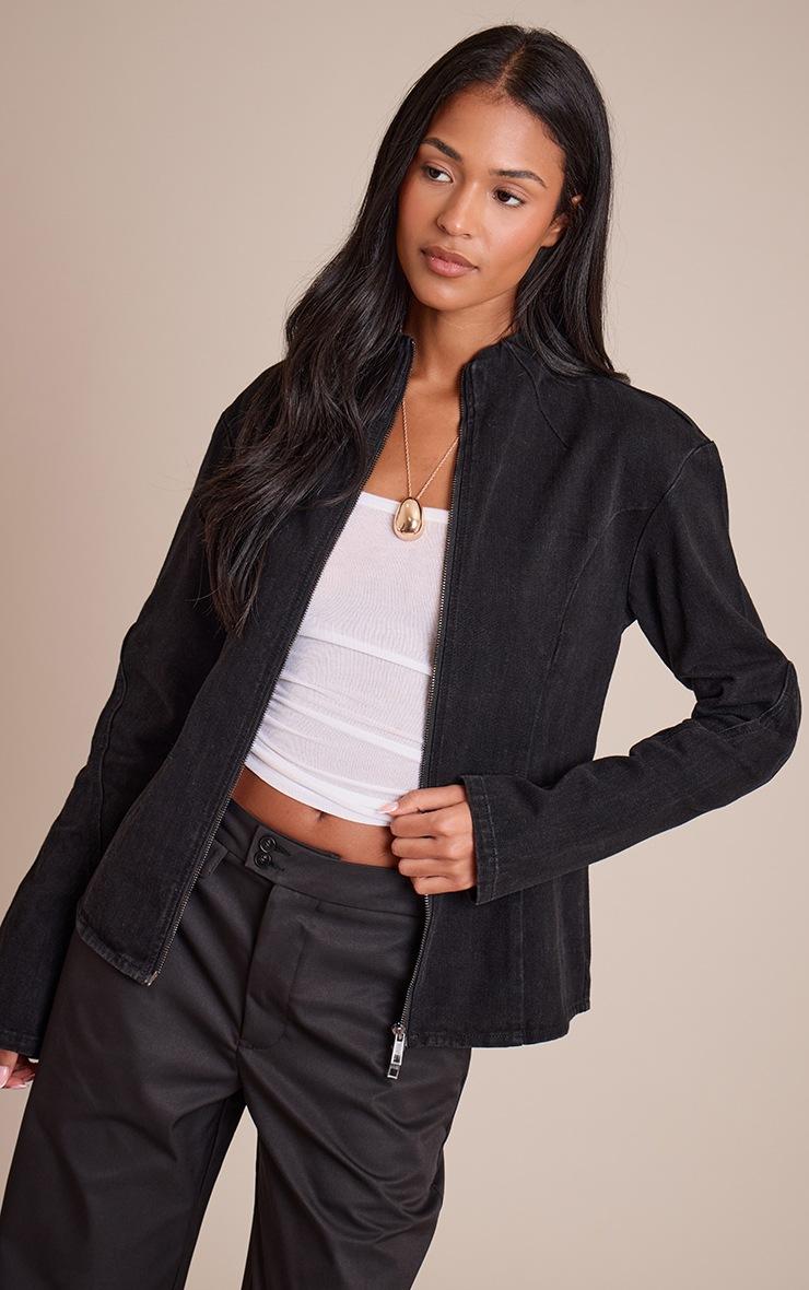 Pretty Little Thing Tall Washed Black Seam Detail High Neck Fitted Jacket