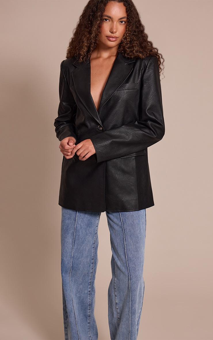 Pretty Little Thing Tall Washed Black Textured Faux Leather Blazer