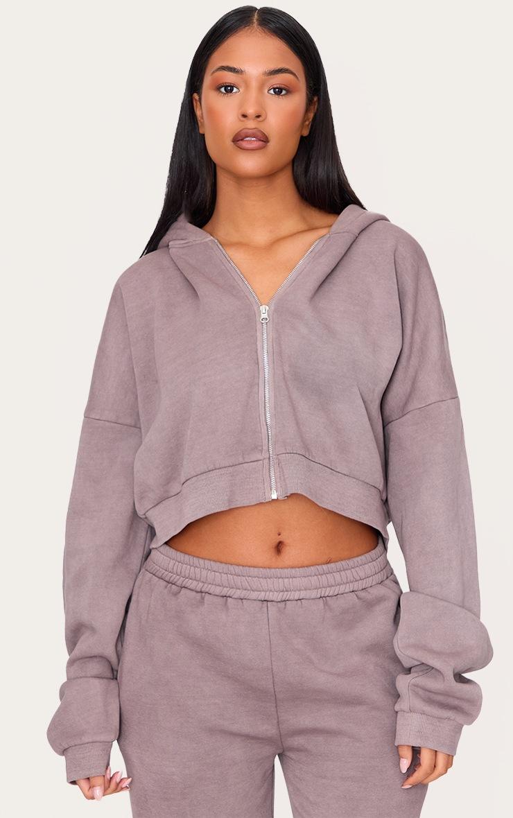 Pretty Little Thing Tall Washed Brown Crop Boxy Zip Through Hoodie