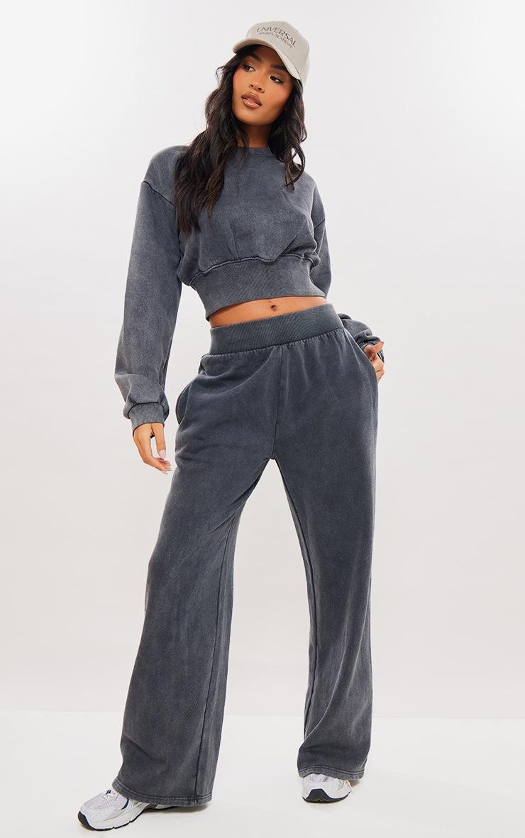 Pretty Little Thing Tall Washed Charcoal Wide Leg Sweatpants