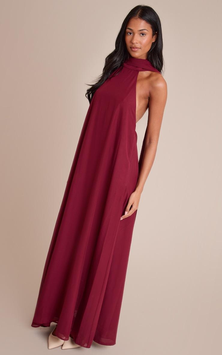 Pretty Little Thing Tall Wine Chiffon High Neck Scarf Detail Maxi Dress