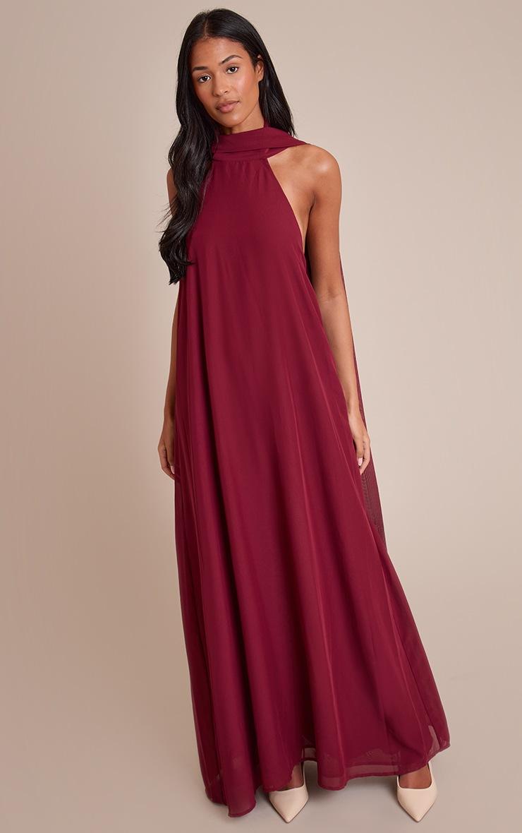 Pretty Little Thing Tall Wine Chiffon High Neck Scarf Detail Maxi Dress