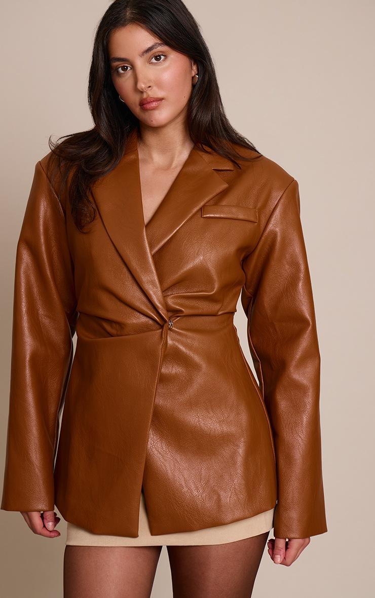 Pretty Little Thing Tan Faux Leather Cinch Waist Blazer