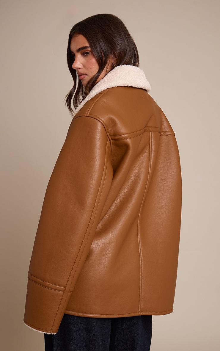 Pretty Little Thing Tan Faux Leather Funnel Neck Aviator Coat