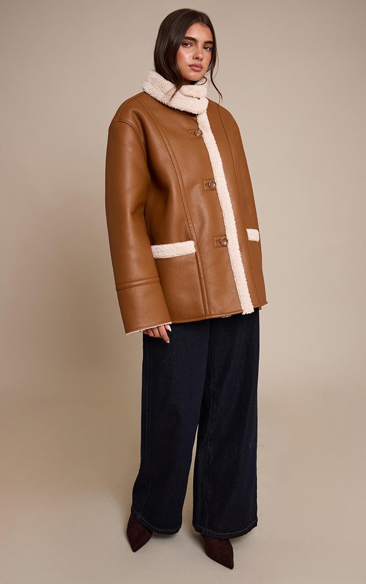 Pretty Little Thing Tan Faux Leather Funnel Neck Aviator Coat