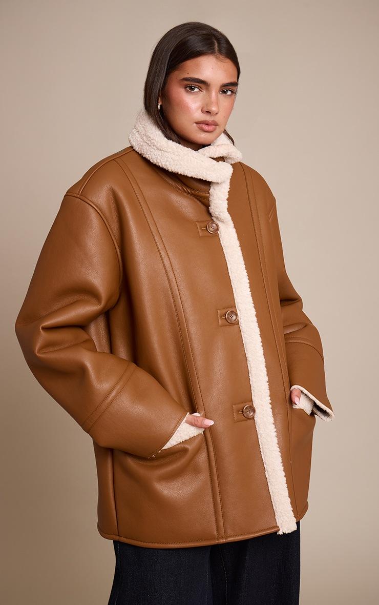 Pretty Little Thing Tan Faux Leather Funnel Neck Aviator Coat