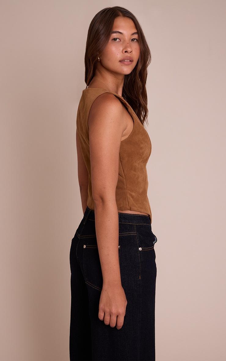 Pretty Little Thing Tan Faux Suede Asymmetric Button Detail Vest